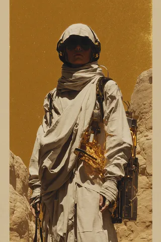 Realistic portrait of a desert traveler wrapped in flowing sand-colored fabrics, carrying a satchel glowing with golden light, standing against towering rock formations with a golden dust storm in the background.