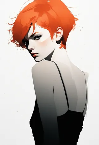 Stylized portrait of a redhead female with a short pixie cut, wearing a black tank top, depicted with seductive expression and dramatic shadow lighting in a studio setting.