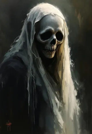 A dark character resembling ghostface with a skull face partially covered by a tattered light veil, painted in an American impressionist style.