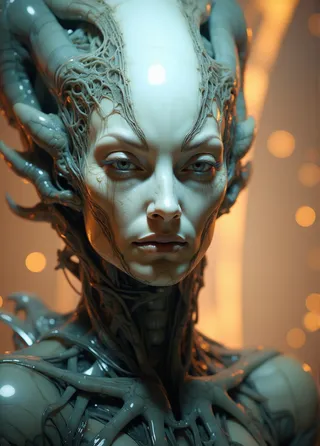 Ultra-realistic portrait of a female alien with glossy, leather-like skin, elongated facial features, intricate organic contours, and glowing bokeh background.