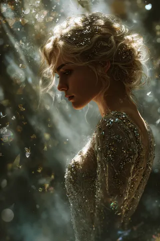 Realistic portrait of a woman with a crystal-embedded shimmering dress in a misty forest of glowing glass trees, soft light casting reflections around her.