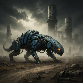 A digital painting of a large blue robot creature with glowing orange eyes prowling a barren dirt road in a foggy, desolate post-apocalyptic industrial landscape with tall, cylindrical towers.