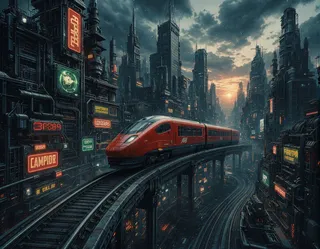 A digital illustration showing a futuristic sci-fi city at night with towering skyscrapers, neon signs, and a sleek red train traveling on an elevated railway track against a dark cloudy sky with a sunset.