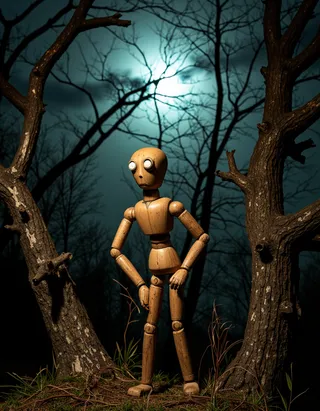 A wooden puppet with wide eyes stands in an eerie forest illuminated by ghostly moonlight, surrounded by gnarled trees and dark shadows.