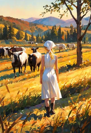 A woman wearing a white sleeveless midi dress and headscarf is standing in a golden hour pasture watching a herd of black and white goats grazing, with a tree in the foreground and mountains in the background, rendered in a vibrant impressionist oil painting style.