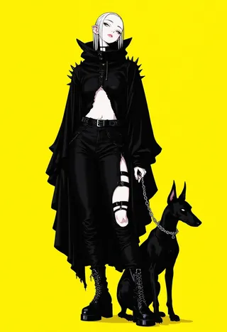 Slender woman with pale skin and high ponytail wearing a spiked black asymmetrical cape, ripped black pants, and chunky boots holding a spiked chain leash with a sleek black Doberman against bright yellow background.