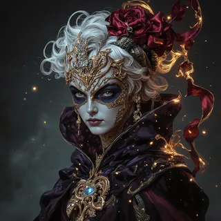Hyperrealistic portrait of a woman in a rococo masquerade style wearing an ornate gold filigree mask, platinum white hair, and a midnight maroon cloak adorned with intricate details.