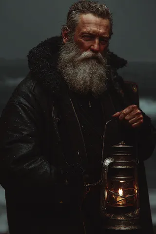 Realistic portrait of a bearded lighthouse keeper in a heavy weathered coat holding a glowing lantern, with a dark stormy sky and rough sea in the background.