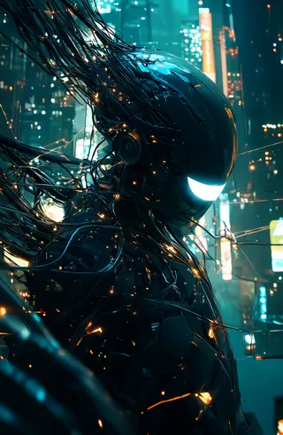 Humanoid robot with glossy black exoskeleton and glowing visor surrounded by intricate wiring and neon-lit futuristic cityscape background.