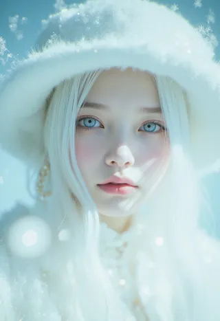 Close-up portrait of an ethereal woman with silvery-white hair, ice-blue eyes, and pale glowing skin wearing a white fur hat and coat with snowflakes in the background.