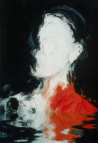 Abstract portrait of a figure rendered with thick white and red brush strokes on a black background, featuring ethereal reflections and intricate painterly textures.