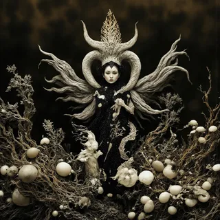 A dark fantasy figure adorned with an elaborate horned headdress amidst intricate twisted organic shapes and pale bulbous forms on a dark marbled background.