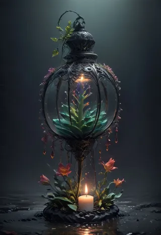 An ornate glass lantern encasing a candlelit plant, surrounded by vibrant flowers and soft glowing candlelight, against a dark, moody background.