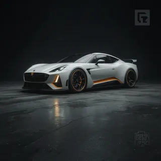 A futuristic high-performance sports car with a sleek aerodynamic white body and bright orange accents, shown front three-quarter angle on reflective concrete floor.