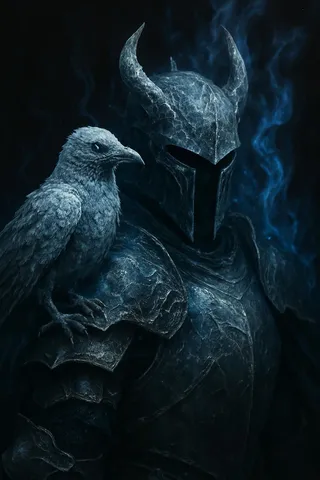 Hyper-realistic close-up of an ice-knight in detailed, cracked armor with horns on the helmet, enveloped in dark blue ethereal flame, and an eldritch frost crow perched on the shoulder gauntlet made from permafrost.