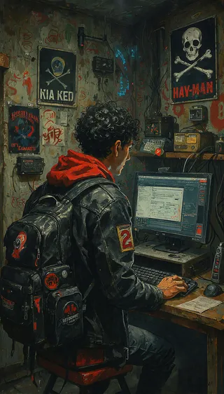 Hyper-realistic digital painting of a young man with curly black hair wearing a black leather jacket and red hoodie, sitting at a cluttered computer desk with gaming interface on screen surrounded by electronic devices and posters.