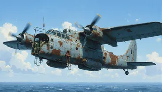 A highly detailed digital painting of a rusted, propeller-driven military aircraft flying over the ocean with a clear blue sky and scattered clouds.