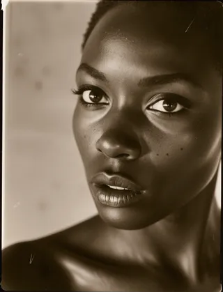 Close-up portrait of an African woman showing realistic skin textures and details, captured with film grain effects in natural lighting.