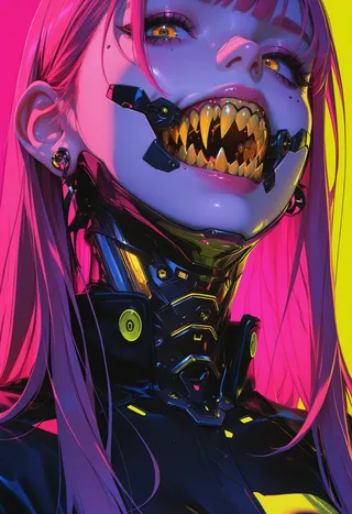 Digital portrait of a female cyberpunk character with long pink hair, yellow eyes, sharp golden teeth and a black futuristic outfit with neon yellow accents.