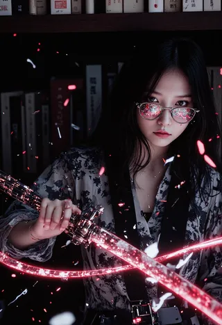 A cyberpunk-style scene featuring a young woman librarian-turned-psychic with glowing glasses reflecting red light, wielding a glowing sword inside a sci-fi interior with books and blood spatters around her.