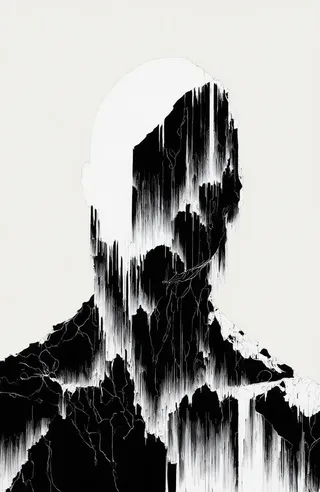 Minimalistic black and white abstract sculpture of a human head and shoulders covered in vertical jagged icicle-like formations with rocky texture.