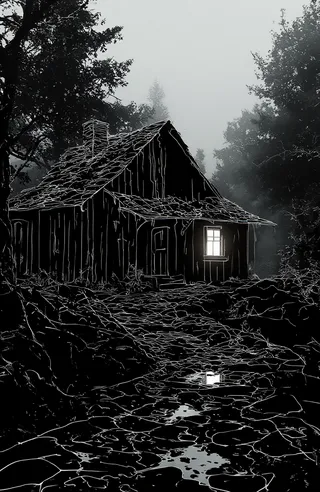 Minimalistic white line drawing on black background of a rustic wooden cottage in a foggy forest with a glowing window and a wet stone path.