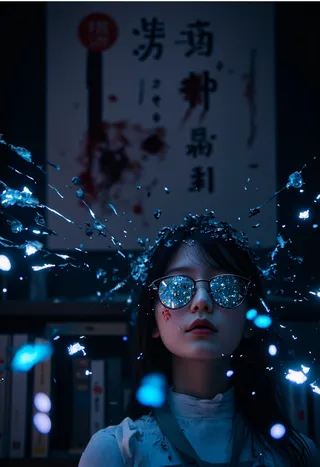 A young woman wearing reflective glasses stands with shards and glowing particles flying around her head, a subtle blood splatter on her cheek and dark calligraphy on the wall behind her.