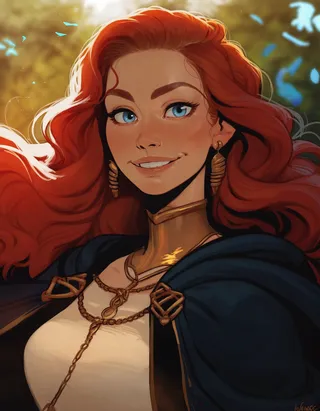 Portrait of a smiling woman with long red hair and blue eyes wearing a blue cloak with gold inlay outdoors.