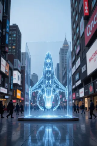 A transparent holographic projection of a spaceship model displayed in a large cube in a busy futuristic city square surrounded by modern buildings and pedestrians.