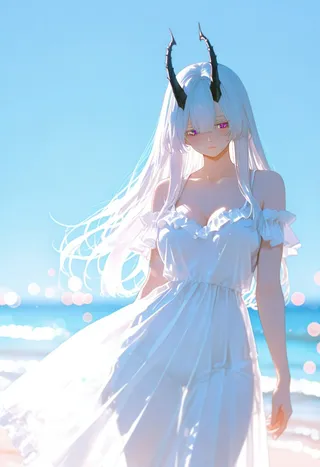 White-haired girl with black horns wearing a white off-shoulder frilled dress standing on a sunny beach with long flowing hair and purple eyes.