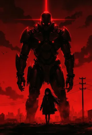 A digital artwork depicting a towering black armored robot with red glowing eyes and laser beam looming over a young girl with long black hair in a dark hooded jacket, set against a fiery red post-apocalyptic skyline.