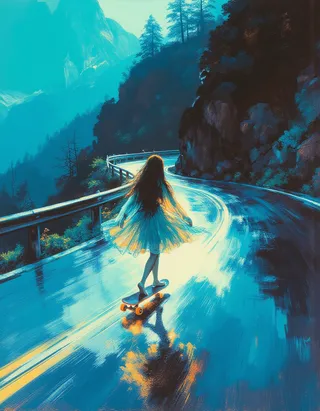 Digital painting of a skater girl with long flowing hair wearing a reflective liquid-metal dress, carving down a wet winding mountain road surrounded by cliffs and pines.