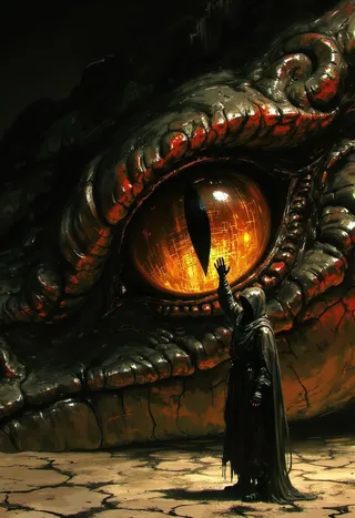 Close-up of a colossal dragon's amber eye glowing faintly with a hooded figure reaching toward it, set on cracked earth under dark skies.