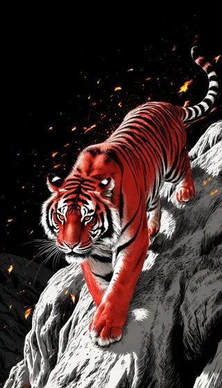 A red and black striped tiger descending a rocky mountain at night, with glowing eyes and fiery particle effects surrounding it.