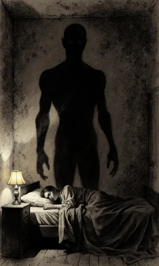 A dark, grainy horror illustration showing a sleeping person in a bedroom with a large menacing shadow figure looming on the wall behind, lit by a small bedside lamp.