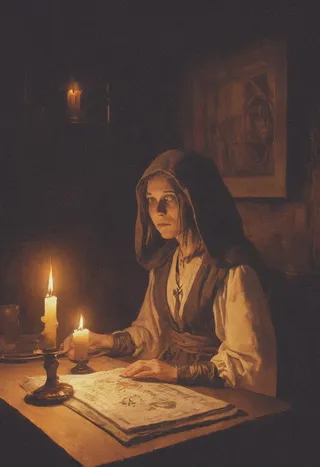 A hooded woman with pale eyes sits at a wooden candlelit table inside a dark and smoky tavern, reading a mystical book with runic symbols.