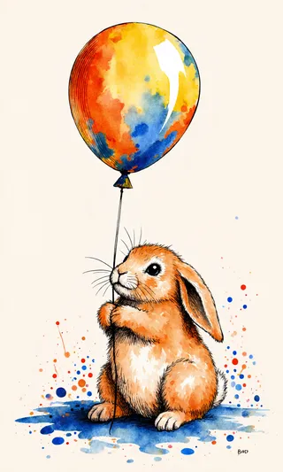 A vibrant watercolor illustration of a chubby baby rabbit clutching a multicolored balloon, with sketchy ink outlines and playful splatters on a cream background.