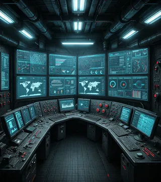 Dimly lit futuristic control room with multiple large high-tech screens showing scientific data and world maps, industrial-style consoles with keyboards, knobs, and switches.
