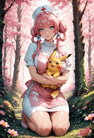 Nurse Joy with pink hair in classic nurse uniform holding a happy Pikachu, kneeling in a sunlit forest with pink cherry blossom trees.