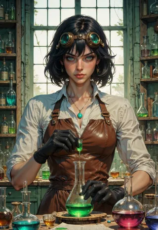 Steampunk woman with dark hair and green eyes wearing leather apron and goggles, handling green liquid in a vintage industrial laboratory filled with glassware.