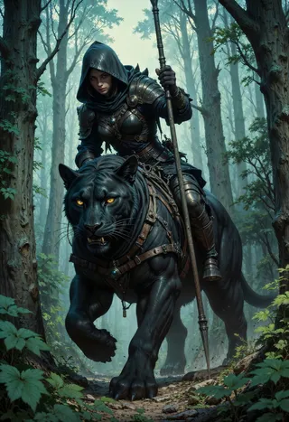 A hooded female warrior in dark, tattered armor rides a large black panther with glowing yellow eyes through a dense, misty forest, holding a long spear.
