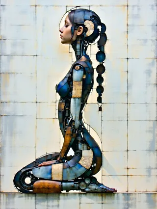 Side profile of a robotic girl in a curved back position, designed with mechanical parts and a Leonardo da Vinci style aesthetic.
