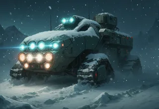 A futuristic, armored tracked vehicle covered in snow driving through an icy, snowy landscape at night with bright blue headlights illuminating the terrain and snowflakes falling.