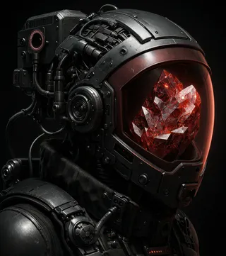 Highly detailed futuristic helmet with a glossy black finish, transparent visor revealing red crystalline meteorite inside, attached to a black padded suit with electronic components.