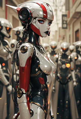 A photorealistic humanoid robot with a sleek white and red robotic suit, blue eyes, and intricate mechanical details standing in a blurred futuristic urban background with similar robots.