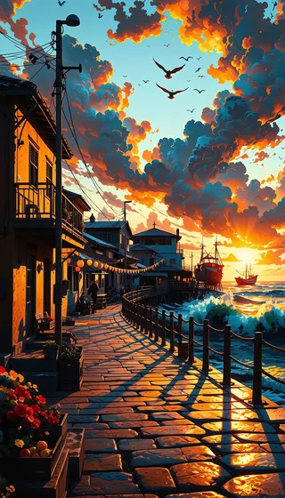 A sun-drenched coastal street with ochre buildings glowing under golden hour light, waves crashing near a pier, dramatic orange clouds and seagulls flying overhead during sunset.