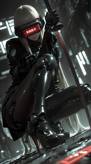 A high resolution digital artwork of a blonde cyborg woman wearing a black jacket and pantyhose, squatting while holding a katana. She has mechanical arms, stiletto heels, and a head-mounted display visor with red glowing text, set in a dark cyberpunk environment.