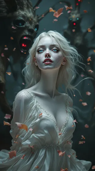 A surreal portrait of a hauntingly beautiful woman with porcelain-pale cracked skin, large luminescent eyes, and flowing white hair surrounded by floating petals and dark insect-like creatures in a dreamlike void.