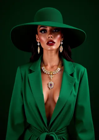 Hyper-realistic cinematic portrait of a woman wearing a wide-brimmed green hat and open green trench coat, showcasing diamond earrings, a gold necklace with pendant, and dark red lipstick against a dark green background.