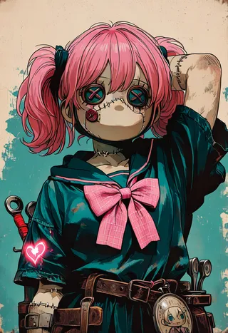 Vector art of a creepy-cute doll with pink twin tails, stitched limbs, and button eyes wearing a pink bowtie, set against a textured background with magical workshop elements.
